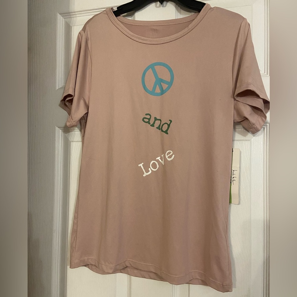 Nicole Miller Sport Women's T-shirt Size L Peace And Love Pink Short Sleeve NWT